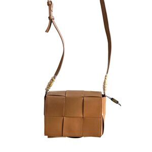 Vegan Leather Woven Crossbody Bag in Camel/Brown